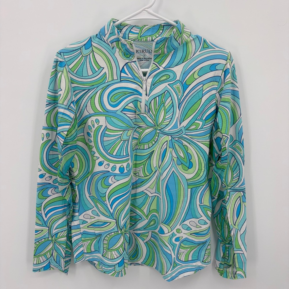 Icikuls Sun Shirt Womens Medium Blue Green Paisley 1/4 Zip Mesh Vent Excellent